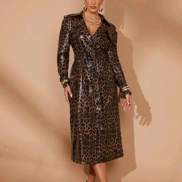 Elegant Noble LeopardPrint Faux Leather Long Sleeve Windbreaker Jacket For Women - Picture 1 of 4